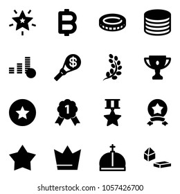 Solid vector icon set - christmas star vector, bitcoin, coin, money torch, golden branch, gold cup, medal, crown, constructor blocks