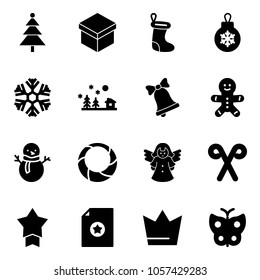 Solid vector icon set - christmas tree vector, gift, sock, ball, snowflake, landscape, bell, cake man, snowman, wreath, angel, santa stick, star medal, certificate, crown, butterfly