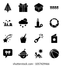 Solid vector icon set - christmas tree vector, gift, garland, landscape, snowfall, candle, wreath, falling star, champagne, postcard, bow message, elf, beach, ball