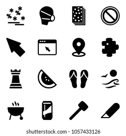 Solid vector icon set - christmas sale vector, medical mask, breads, prohibition road sign, cursor, browser, map pin, puzzle, chess tower, watermelone, flip flops, waves, grill, drink, rubber hammer