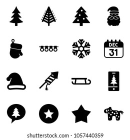 Solid vector icon set - christmas tree vector, santa claus, glove, garland, snowflake, 31 dec calendar, hat, firework rocket, sleigh, mobile, merry message, star medal, toy horse