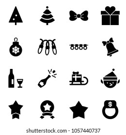 Solid vector icon set - christmas tree vector, bow, gift, ball, garland, bell, wine, champagne, sleigh, elf, star medal, finger ring