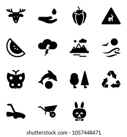 Solid vector icon set - christmas deer vector, drop hand, sweet pepper, wild animals road sign, watermelone, storm, mountains, waves, butterfly, dolphin, forest, recycling, lawn mower, wheelbarrow