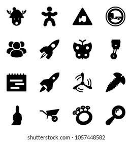 Solid vector icon set - christmas deer hat vector, gymnastics, tractor way road sign, no trailer, group, rocket, butterfly, piston, terms plan, wind mill, screw, brush, wheelbarrow, beanbag