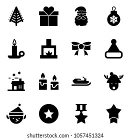 Solid vector icon set - christmas tree vector, gift, santa claus, ball, candle, fireplace, bow, hat, house, snowmobile, deer, elf, star medal