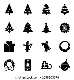 Solid vector icon set - christmas tree vector, firework, gift, santa claus, bell, wreath, mobile, sleigh, elf