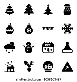 Solid vector icon set - christmas tree vector, santa claus, ball, garland, snowflake, snowfall, snowman, calendar, hat, house, holly, snowball, slippery road sign
