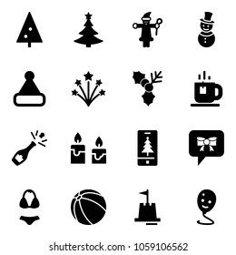 Solid vector icon set - christmas tree vector, santa claus, snowman, hat, firework, holly, tea, champagne, candle, mobile, bow message, swimsuit, ball, sand castle, balloon smile
