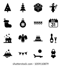 Solid vector icon set - christmas tree vector, gift, santa claus, sock, ball, garland, 31 dec calendar, house, angel, cake, wine, mountains, flag, lounger, swimsuit