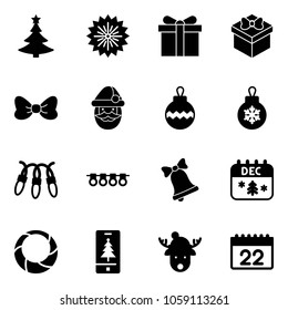 Solid vector icon set - christmas tree vector, firework, gift, bow, santa claus, ball, garland, bell, calendar, wreath, mobile, deer hat