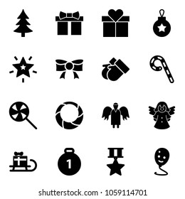 Solid vector icon set - christmas tree vector, gift, ball, star, bow, gloves, lollipop, wreath, angel, sleigh, gold medal, balloon smile