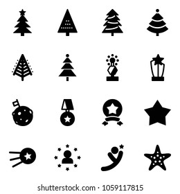 Solid vector icon set - christmas tree vector, award, moon flag, star medal, first satellite, man, flying, starfish