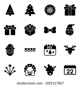 Solid vector icon set - christmas tree vector, firework, gift, bow, santa claus, garland, calendar, deer, wreath, hat