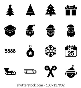 Solid vector icon set - christmas tree vector, gift, santa claus, garland, ball, snowflake, 25 dec calendar, sleigh, stick, elf