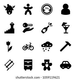 Solid vector icon set - christmas deer hat vector, gymnastics, limited distance road sign, user, success, key hand, fizz opening, drink, tulip, bike, snow, hammer, bucksaw, tool cabinet, bear toy