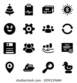 Solid vector icon set - christmas tree vector, pulse clipboard, credit card, dollar sun, smile, gear, group, refresh, save, growth, certificate, atm map pin, cruiser, beanbag, toy duck
