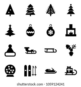 Solid vector icon set - christmas tree vector, ball, fireplace, hat, sleigh, holly, snowball, ski, snowmobile, gift