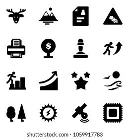 Solid vector icon set - christmas deer vector, mountains, patient card, multi lane traffic road sign, printer, money tree, pawn, career, rise, stars, waves, forest, sun power, satellite, cpu