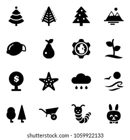 Solid vector icon set - christmas tree vector, mountains, lemon, pear, gear globe, sproute, money, starfish, rain cloud, waves, forest, wheelbarrow, toy caterpillar, rabbit