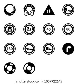 Solid vector icon set - christmas wreath vector, oncoming traffic road sign, no trailer, dangerous cargo, limited width, speed limit 40, 80, 130, cart horse, truck overtake, only right, lifebuoy