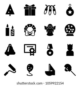 Solid vector icon set - christmas tree vector, gift, garland, ball, candle, wreath, angel, snowball, bell, certificate, star medal, king, paint roller, balloon smile, sailboat toy, horse stick