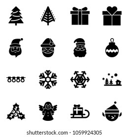 Solid vector icon set - christmas tree vector, gift, santa claus, ball, garland, snowflake, landscape, holly, angel, sleigh, elf