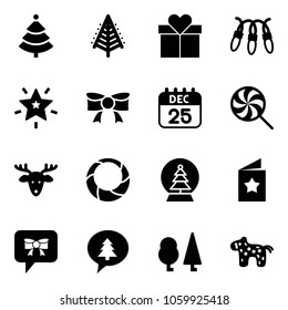 Solid vector icon set - christmas tree vector, gift, garland, star, bow, 25 dec calendar, lollipop, deer, wreath, snowball, postcard, message, merry, forest, toy horse