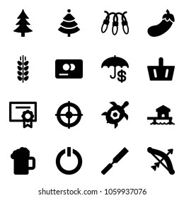 Solid vector icon set - christmas tree vector, garland, eggplant, spica, credit card, insurance, basket, certificate, target, sea turtle, bungalow, beer, standby button, rasp, bow
