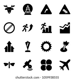 Solid vector icon set - christmas deer vector, snowball tree, turn right road sign, multi lane traffic, no limit, career, growth, arrows up, pennant, sun, palm, dragonfly, satellite, atom core