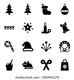 Solid vector icon set - christmas tree vector, sock, ball, garland, star, candle, bell, lollipop, hat, firework, wreath, champagne, santa sleigh, stick, shop bag snowflake