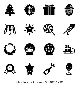 Solid vector icon set - christmas tree vector, firework, gift, santa claus, garland, star, lollipop, rocket, wreath, snowball house, sleigh, gold medal, fizz opening, balloon smile