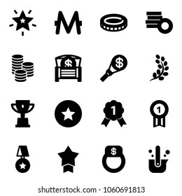 Solid vector icon set - christmas star vector, monero, coin, money chest, torch, golden branch, win cup, medal, gold, finger ring, casting of steel