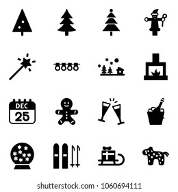 Solid vector icon set - christmas tree vector, santa claus, Magic wand, garland, landscape, fireplace, 25 dec calendar, cake man, wine glasses, champagne, snowball, ski, sleigh gift, toy horse