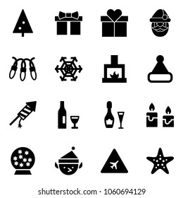 Solid vector icon set - christmas tree vector, gift, santa claus, garland, snowflake, fireplace, hat, firework rocket, wine, candle, snowball, elf, airport road sign, starfish