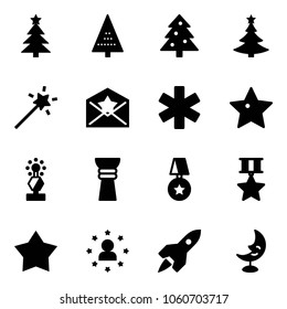 Solid vector icon set - christmas tree vector, Magic wand, star letter, ambulance, award, medal, man, rocket, moon lamp