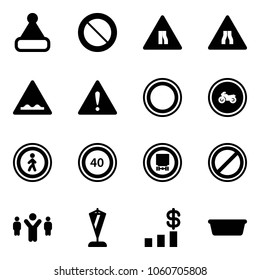 Solid vector icon set - christmas hat vector, prohibition road sign, narrows, rough, attention, no moto, pedestrian, speed limit 40, dangerous cargo, parking, team leader, pennant, dollar chart
