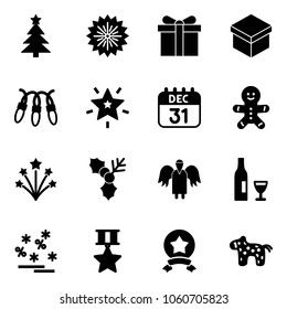 Solid vector icon set - christmas tree vector, firework, gift, garland, star, 31 dec calendar, cake man, holly, angel, wine, sale, medal, toy horse
