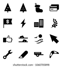 Solid vector icon set - christmas tree vector, sock, credit card, dollar flag, lightning, building, golden branch, finger up, flip flops, waves, cursor, wrench, work knife, trailer, boomerang