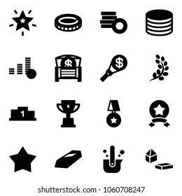 Solid vector icon set - christmas star vector, coin, money chest, torch, golden branch, pedestal, win cup, medal, gold, casting of steel, constructor blocks