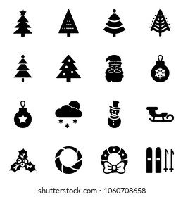 Solid vector icon set - christmas tree vector, santa claus, ball, snowfall, snowman, sleigh, holly, wreath, ski