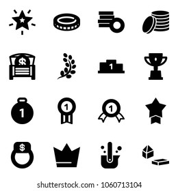 Solid vector icon set - christmas star vector, coin, money chest, golden branch, pedestal, win cup, gold medal, finger ring, crown, casting of steel, constructor blocks