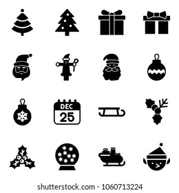 Solid vector icon set - christmas tree vector, gift, santa claus, ball, 25 dec calendar, sleigh, holly, snowball, elf