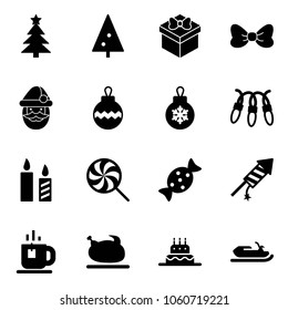 Solid vector icon set - christmas tree vector, gift, bow, santa claus, ball, garland, candle, lollipop, candy, firework rocket, tea, turkey, cake, snowmobile