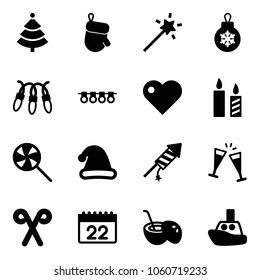 Solid vector icon set - christmas tree vector, glove, Magic wand, ball, garland, heart, candle, lollipop, hat, firework rocket, wine glasses, santa stick, calendar, coconut cocktail, toy boat