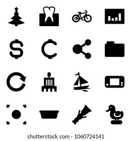 Solid vector icon set - christmas tree vector, tooth, bike, statistics, dollar sign, cent, share, folder, reload, bank building, sail boat, game console, record button, basin, dowel, toy duck