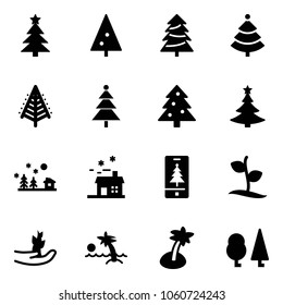 Solid vector icon set - christmas tree vector, landscape, house, mobile, sproute, hand, palm, forest