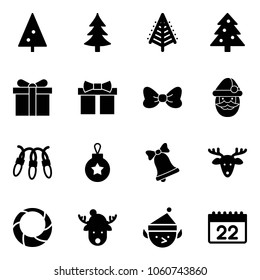 Solid vector icon set - christmas tree vector, gift, bow, santa claus, garland, ball, bell, deer, wreath, hat, elf, calendar