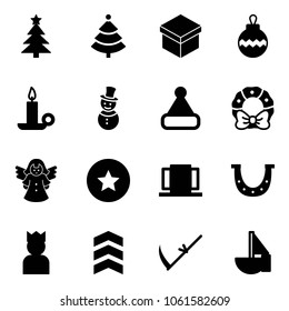 Solid vector icon set - christmas tree vector, gift, ball, candle, snowman, hat, wreath, angel, star medal, doors, luck, king, chevron, scythe, sailboat toy