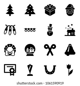 Solid vector icon set - christmas tree vector, gift, santa claus, garland, snowman, house, wreath, snowball, stick, bell, certificate, pennant, luck, tulip