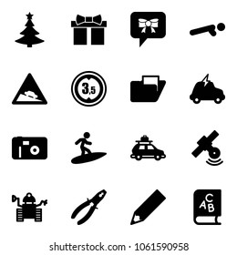 Solid vector icon set - christmas tree vector, gift, bow message, push ups, steep descent road sign, limited height, folder, electric car, photo, surfing, baggage, satellite, robot, pliers, pencil